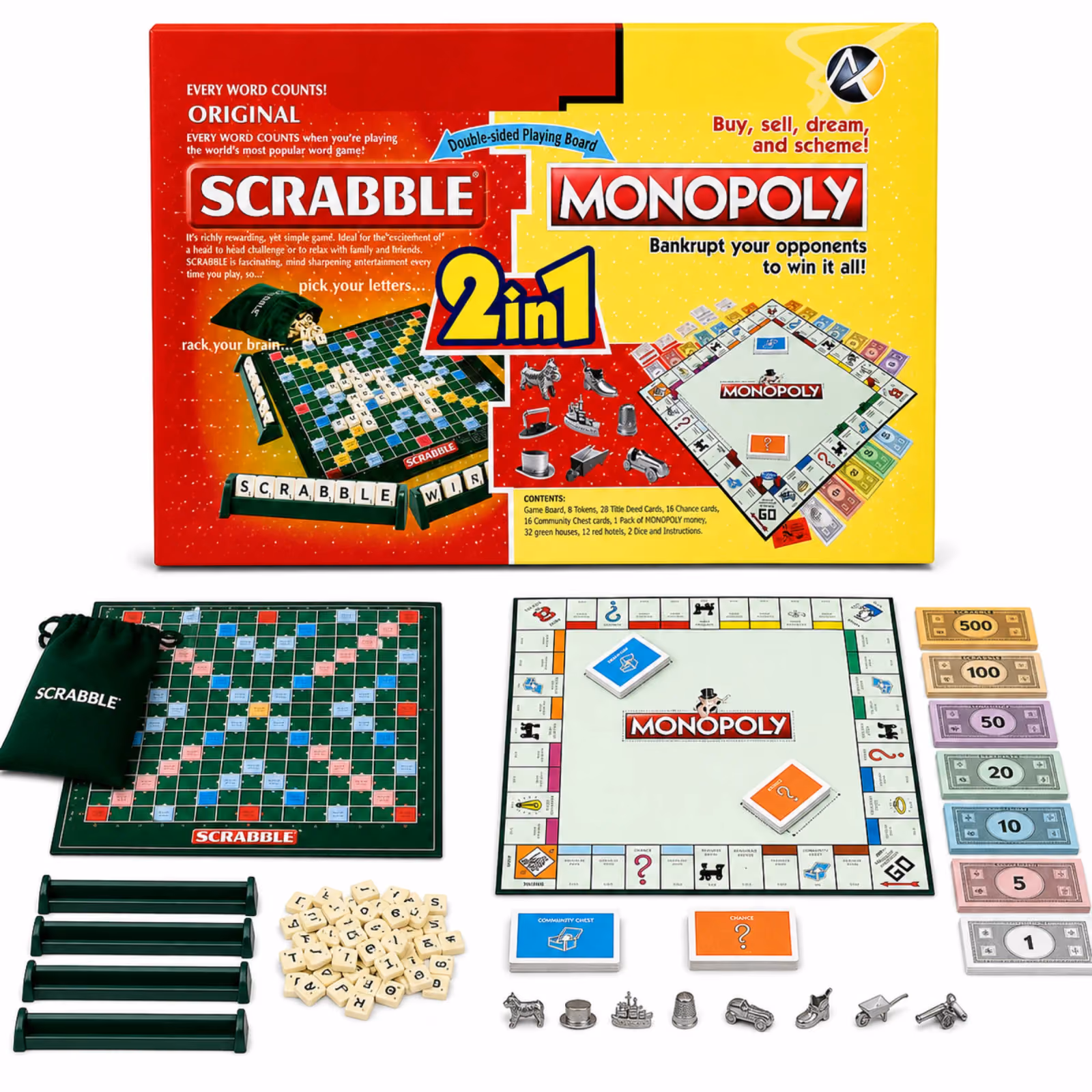 Scrabble and Monopoly 2-in-1 Family Board Game Set with Double-Sided Board
