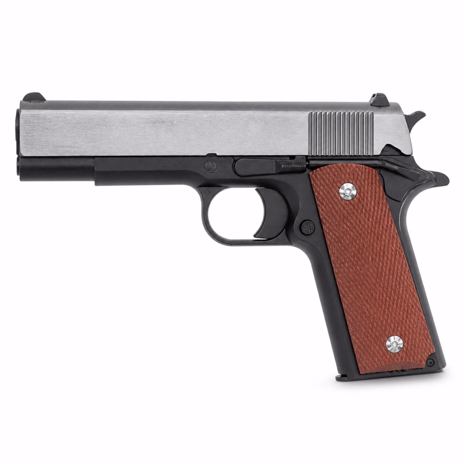 Grey and Black Plastic Toy Pistol with Brown Textured Grip and Pop-Up Magazine