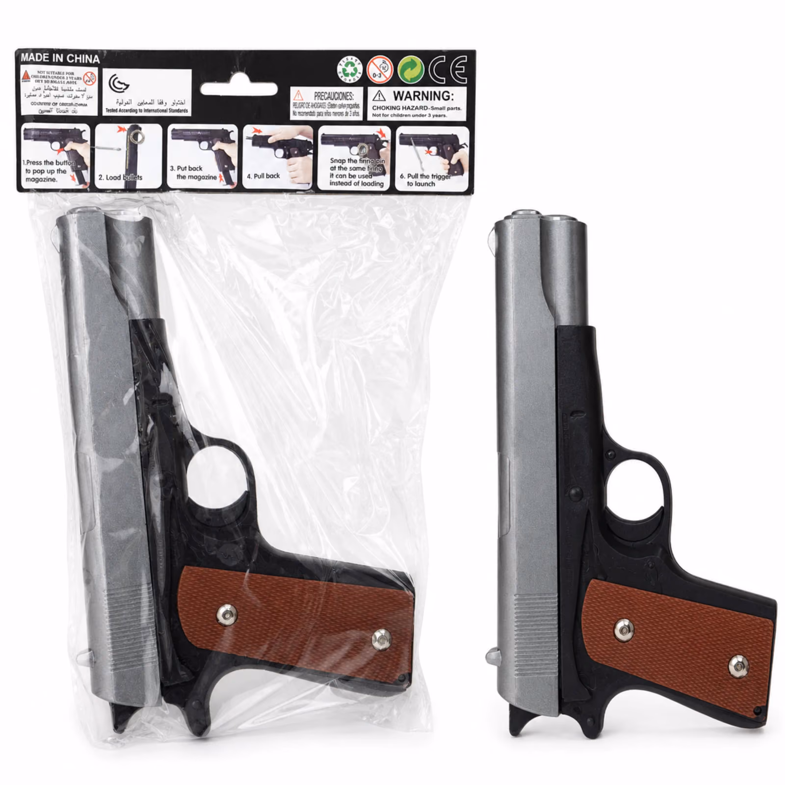 Grey and Black Plastic Toy Pistol with Brown Textured Grip and Pop-Up Magazine