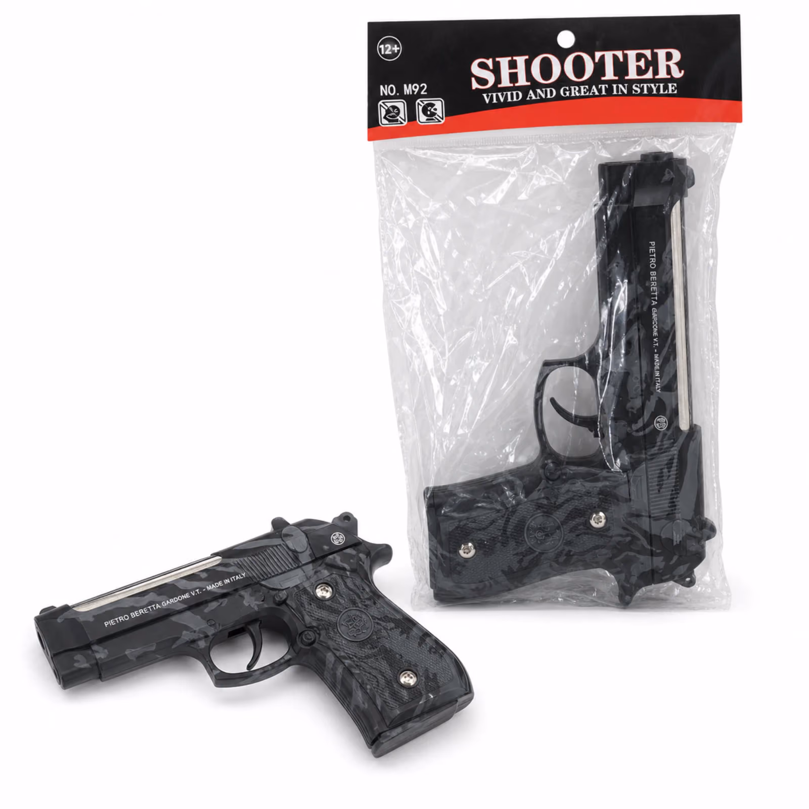 M92 Shooter Black Camouflage Toy Pistol with Silver Barrel Detail