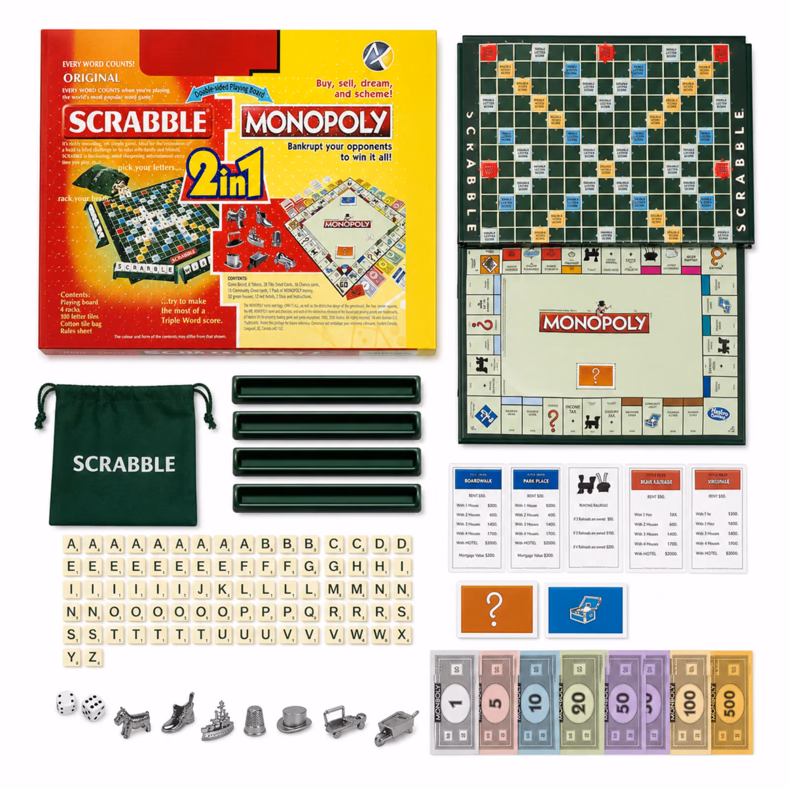 Scrabble and Monopoly 2-in-1 Family Board Game Set with Double-Sided Board