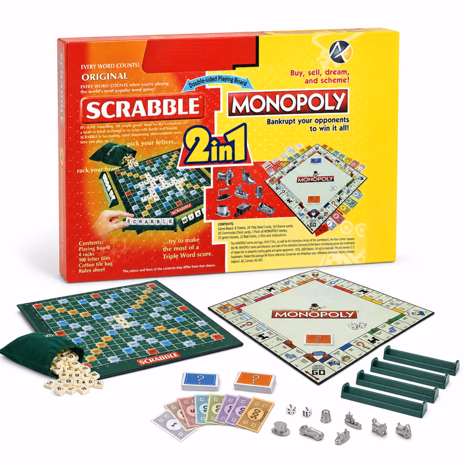 Scrabble and Monopoly 2-in-1 Family Board Game Set with Double-Sided Board