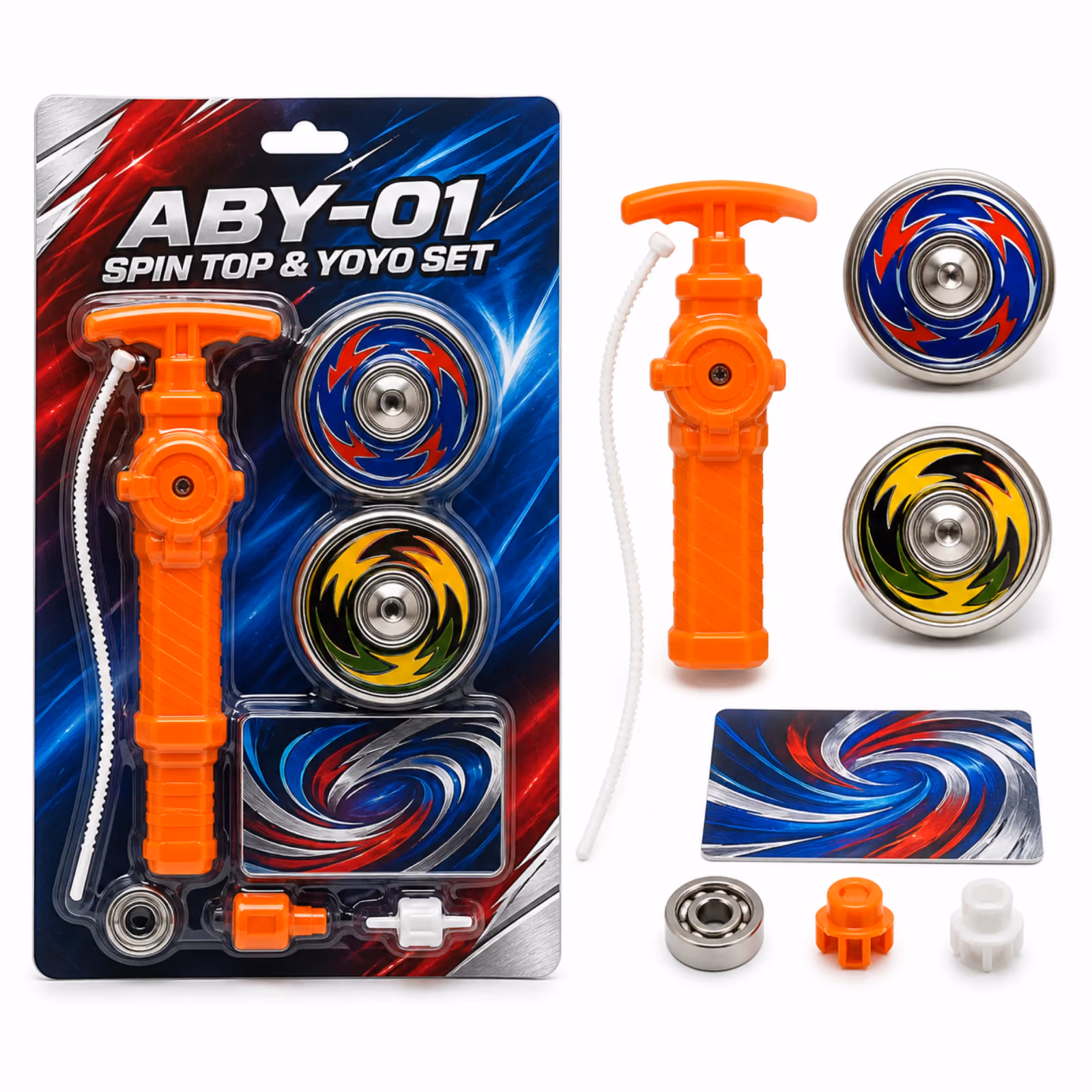 ABY-01 Battle Spin Top and Metal Yoyo Set with Orange Ripcord Launcher