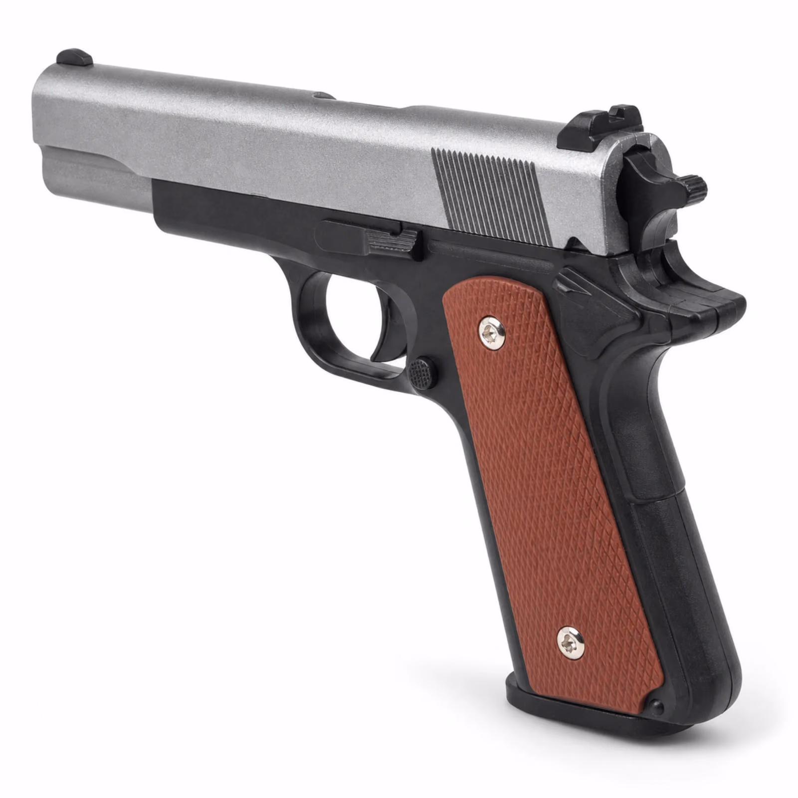 Grey and Black Plastic Toy Pistol with Brown Textured Grip and Pop-Up Magazine